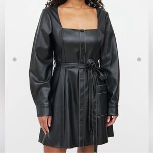 STAUD Black Faux Leather Mini Dress with Belt